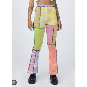 The Ragged Priest Banger Knit Flare Pants Patchwork Mixed Print Small Festival